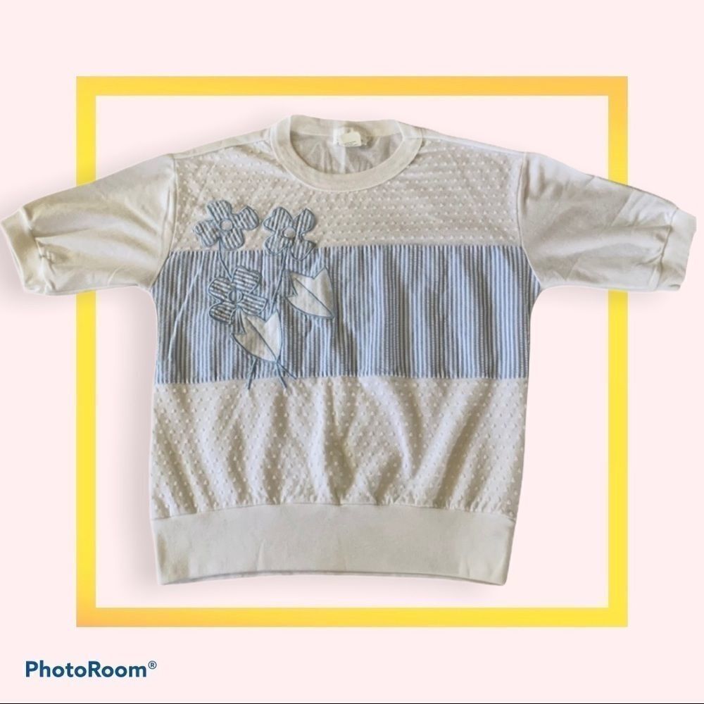 Vintage 1970s D.K. Gold Seersucker Patchwork Top – Blue & White – Size PM - Picture 11 of 11